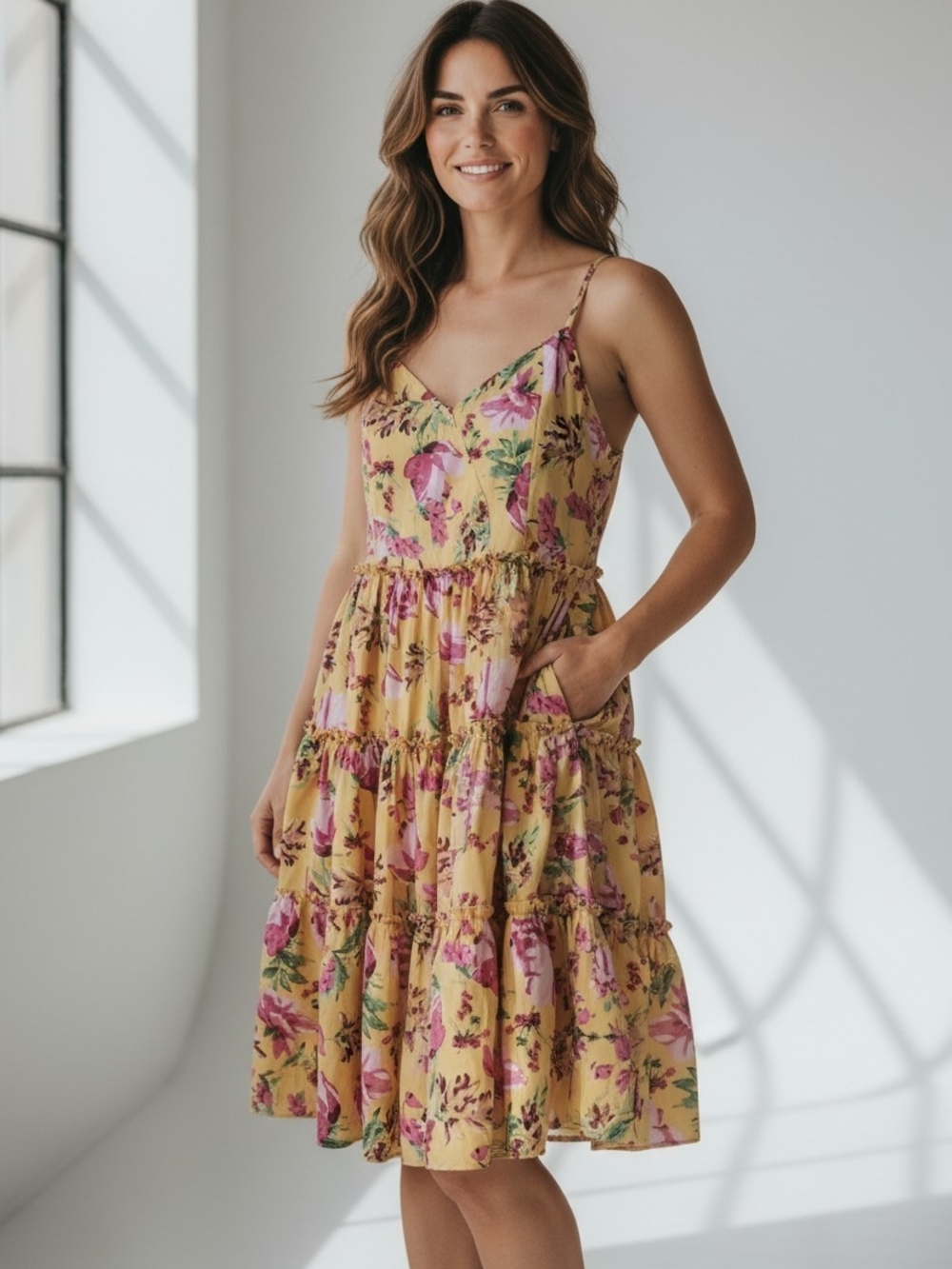 Umgee Yellow Floral Tiered Spaghetti Strap Midi Dress
